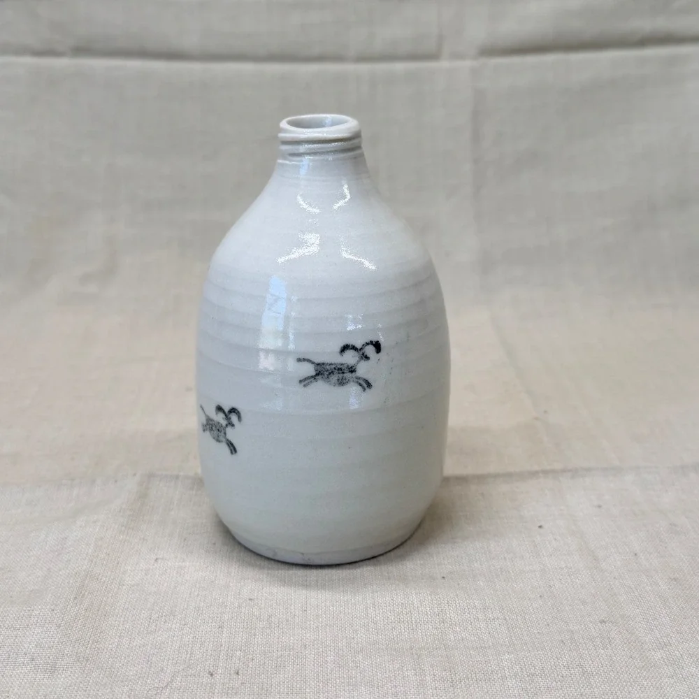 Mini Pottery Bottle Vase Blue White Ceramic Vessel Primitive Country Shelf Decor